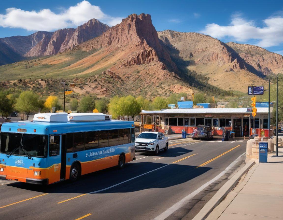 An engaging scene depicting a busy Colorado roadway with diverse vehicles and a clear blue sky. In the foreground, a friendly traffic officer assists a confused driver at a DMV appointment kiosk, showcasing Colorado landmarks in the background. Include a digital display showing traffic laws and tips illuminated vividly. Capture the essence of community and safety in a warm, inviting atmosphere. super-realistic. vibrant colors. Colorado landscape.