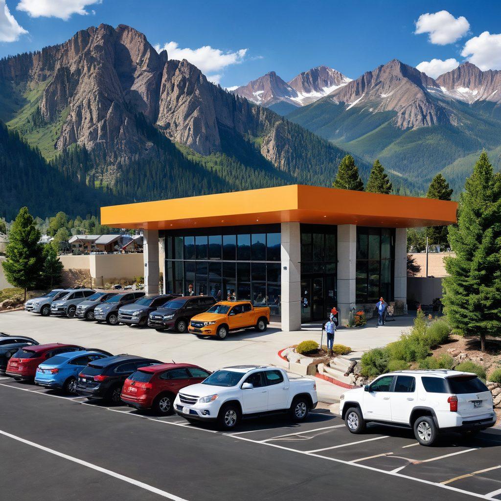 A scenic view of a Colorado DMV office surrounded by majestic Rocky Mountains, with a line of diverse drivers outside and vehicles parked in front. Include a friendly staff member assisting a customer, while colorful road signs guide the scene. Capture the essence of essential services for drivers with a bright, welcoming atmosphere. super-realistic. vibrant colors. 3D.