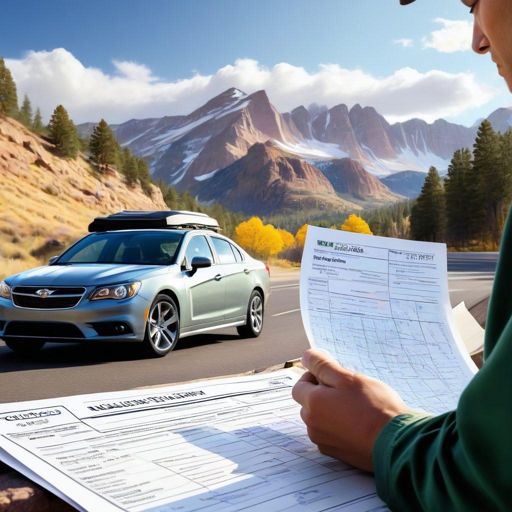 A detailed illustration of a Colorado landscape featuring a scenic backdrop of the Rocky Mountains, with a person holding a driver's license and vehicle registration papers next to a parked car. Incorporate elements like a map of Colorado and a checklist for the registration process, symbolizing guidance and mastery. Bright, inviting colors to evoke a sense of clarity and accomplishment. super-realistic. vibrant colors. white background.